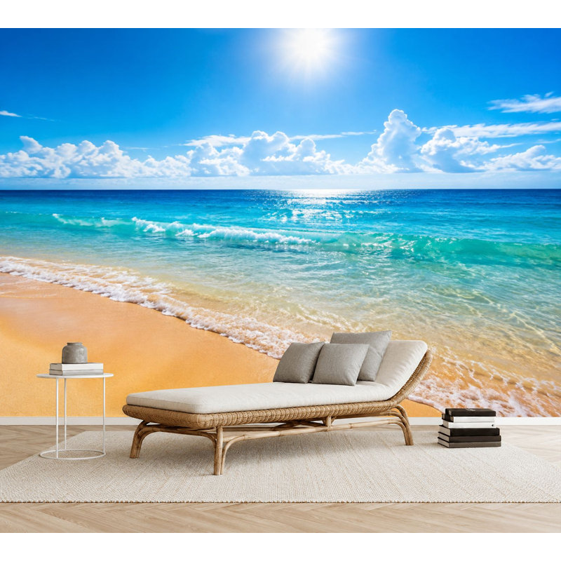 Papier peint adhésif auto-adhésif Golden Sandy Beach Turquoise Ocean Waves Bright Sunshine, L 69 po x l 96 po