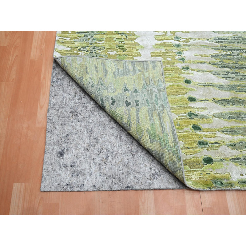 Tapis oriental vert en soie noué à la main 9 pi 0 po x 12 pi 2 po - MOA10275551, Rectangle 9 pi x 12 pi 2 po