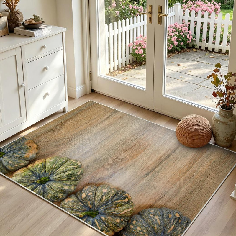 Tapis d'intérieur en bois jaune lavable à la machine, motif citrouille verte thaïlandaise., Rectangle 55 po x 79 po