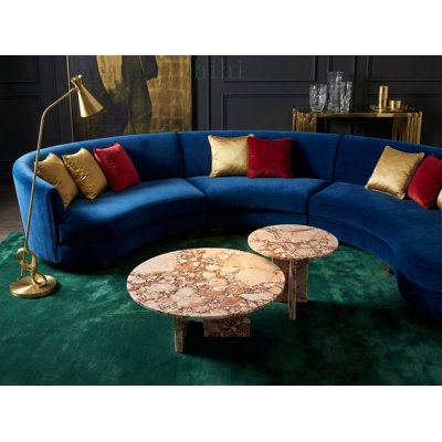 Blue Gray Natural Marble Nesting Coffee Table Set, Polished Round Stone for Modern Living Rooms