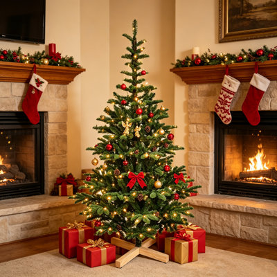 Arbre de Noël artificiel pré-éclairé 8 pi, 500 lumières à DEL blanc chaud et extrémités de branches en PVC 1307 PE, arbre de Noël réaliste en couches avec base en bois unique et stable pour la décoration intérieure de Noël