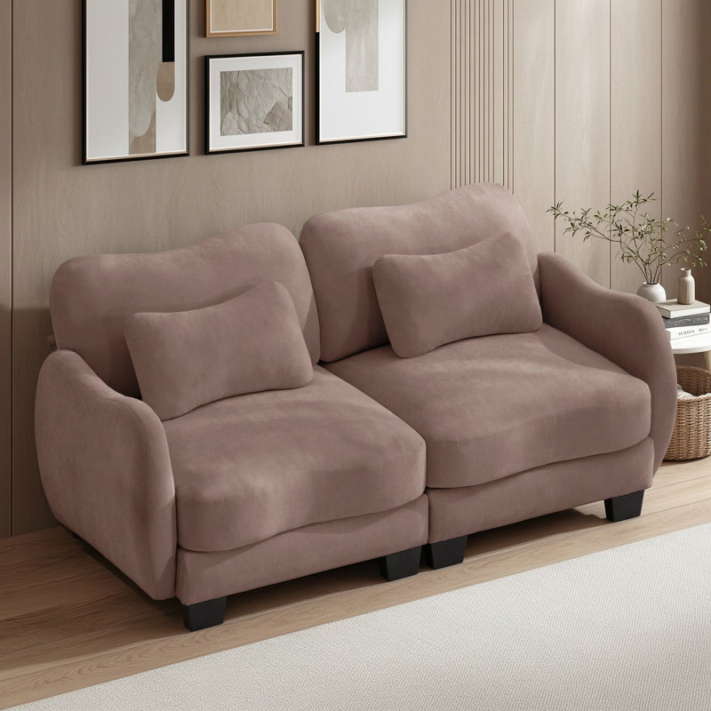 Canapé deux places incurvé en chenille avec coussins lombaires et design ergonomique épuré, Rose poussière