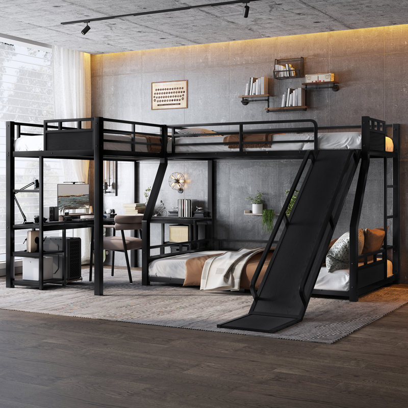 L-Shaped Metal Bunk Bed (Top bed: twin, bottom bed: full ) with Twin Loft Bed, Desk, and Storage Shelves Metal Triple Bunk Bed with Slide, Space-Saving and Quiet Design, Black