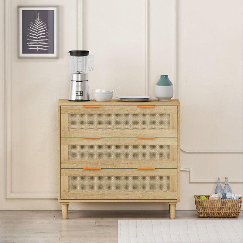 Armoire de rangement 31,5 po à 3 tiroirs avec tiroir en rotin, pour la chambre à coucher, le salon, la salle à manger et les couloirs