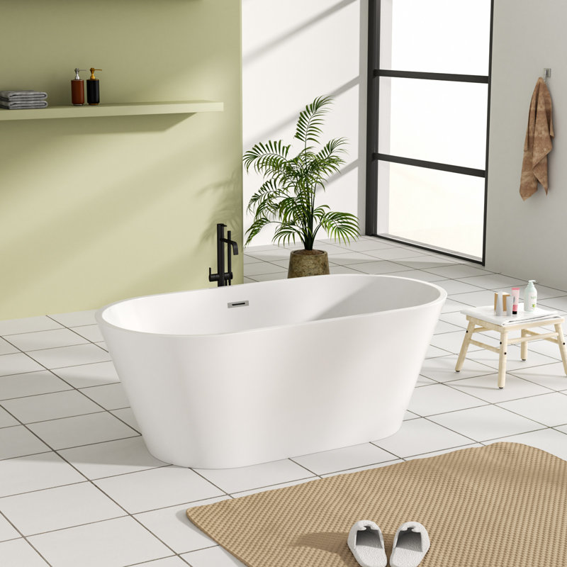 59'' L × 30'' W Oval Freestanding Acrylic Bathtub, Gloss White Soaking Tub with Center Drain, Modern Stand Alone Bathtub for Bathroom Relaxation