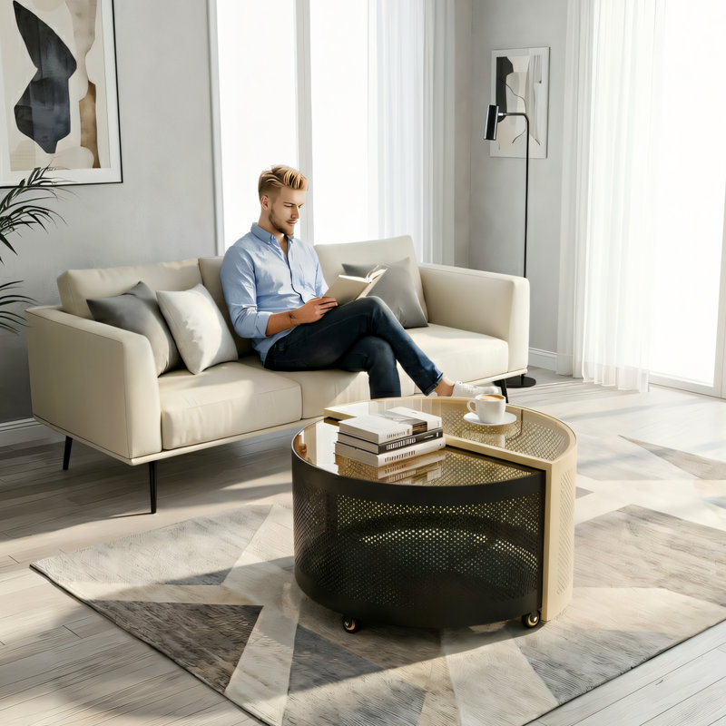  Table basse rotative moderne avec plateau en verre trempé et rangement, table d'appoint ronde rotative avec conception à deux couches pour le salon, la chambre à coucher