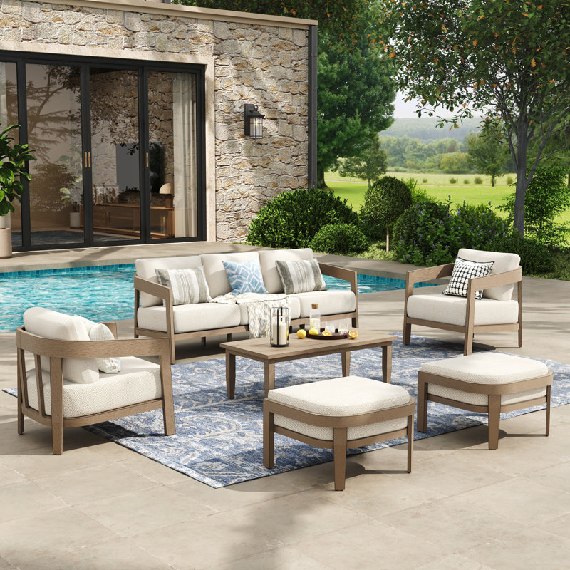 Ensemble de conversation en aluminium pour 5 personnes avec repose-pieds et coussins Harmonti