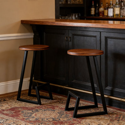Ensemble de 2 tabourets de bar à hauteur de comptoir avec repose-pieds, siège en bois massif et pieds en métal - Tabouret pour îlot de cuisine sans accoudoirs