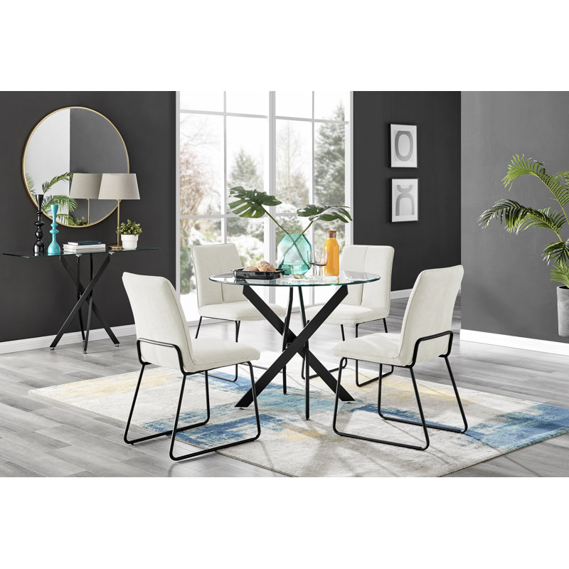 Tierra 4 Seat Small Round Dining Table Set Black Legs and Glass with 4 Modern Fabric Dining Chairs