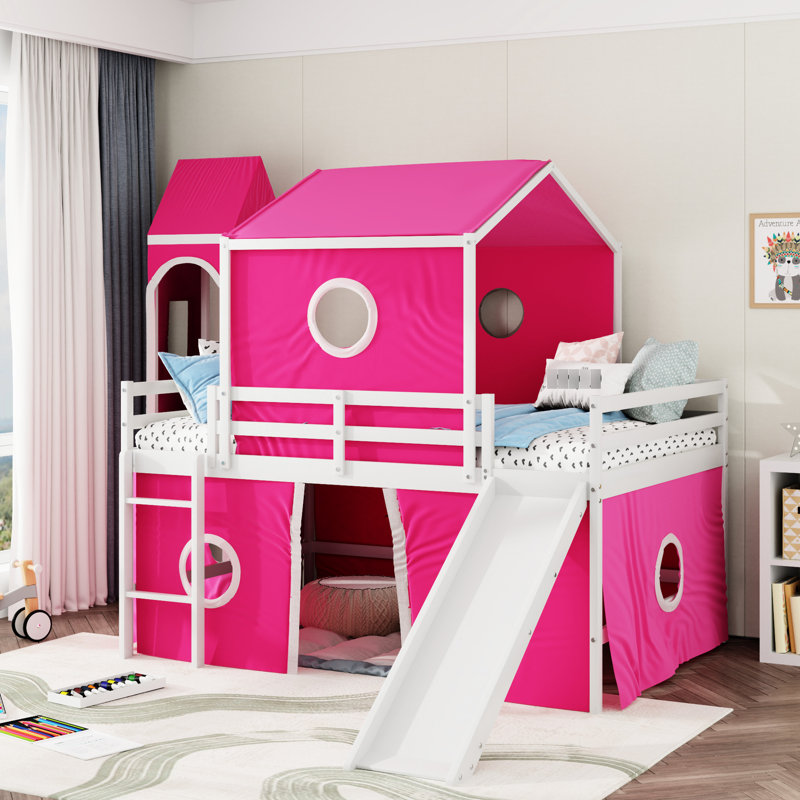 Lit mezzanine pleine grandeur rose avec glissade, tente et tour - conception de fenêtre inspirée, pin de qualité, espace de jeu supplémentaire avec pinède fermé, dessous aéré pour les marionnettes
