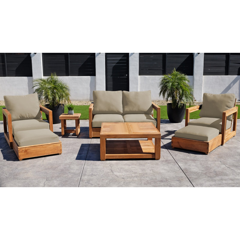 Ensemble de conversation d'extérieur 7 pièces en teck avec coussins Sunbrella Crelake, Taupe
