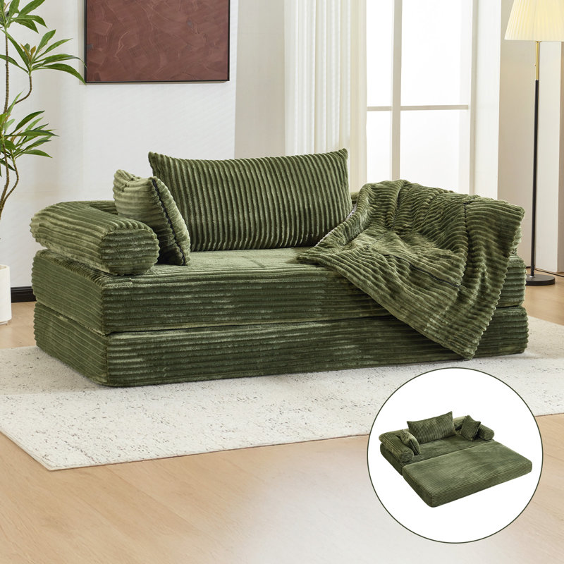 Boneless Modern Convertible Sleeper Sofa Stackable Corduroy Sofa Bed, Olive Green