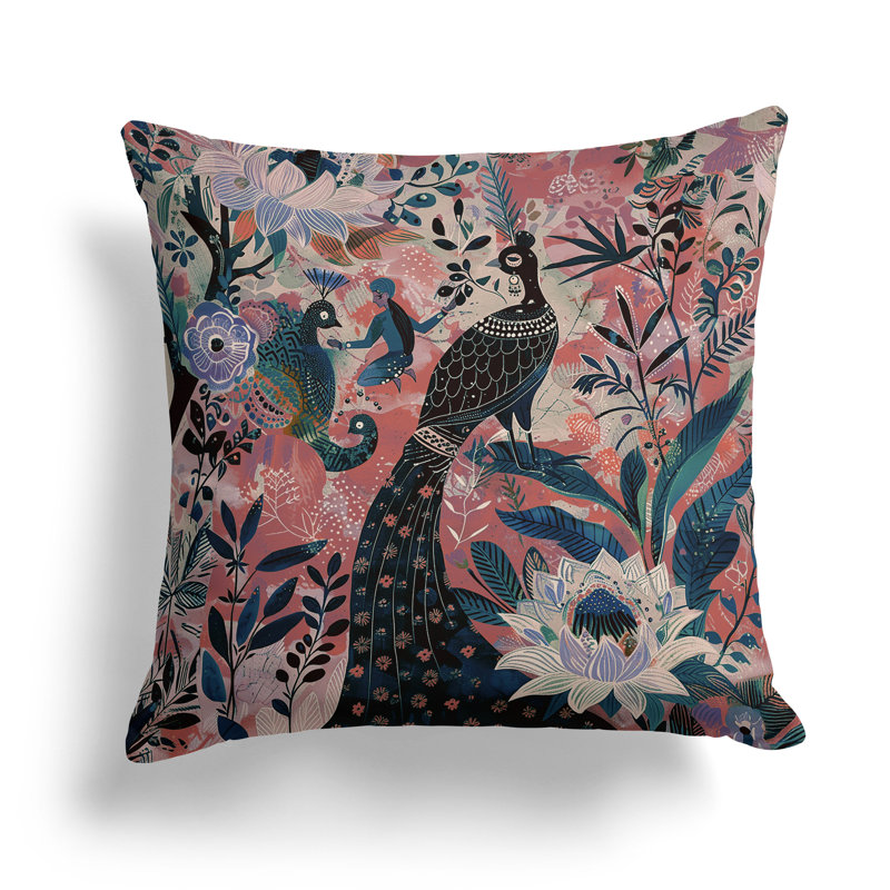 Coussin Jungle Tapisserie, H 16 po x l 16 po, Bleu/rouge