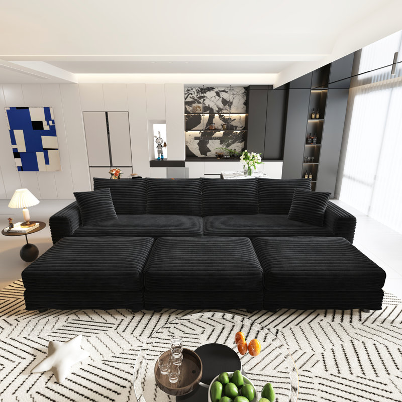 7 Seater Oversized Modular Sofa Extra Deep Cloud Corduroy Sectional Couch With Ottoman Chaise, Black