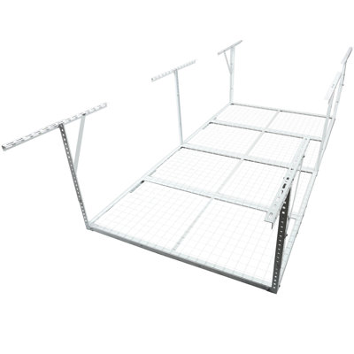 Support de garage blanc en métal 4 x 8 pi, 600 lb Capacité de charge, 22 po à 40 po réglable sur le plancher pour le garage à outils, capacité, rangement pour outils rabattables