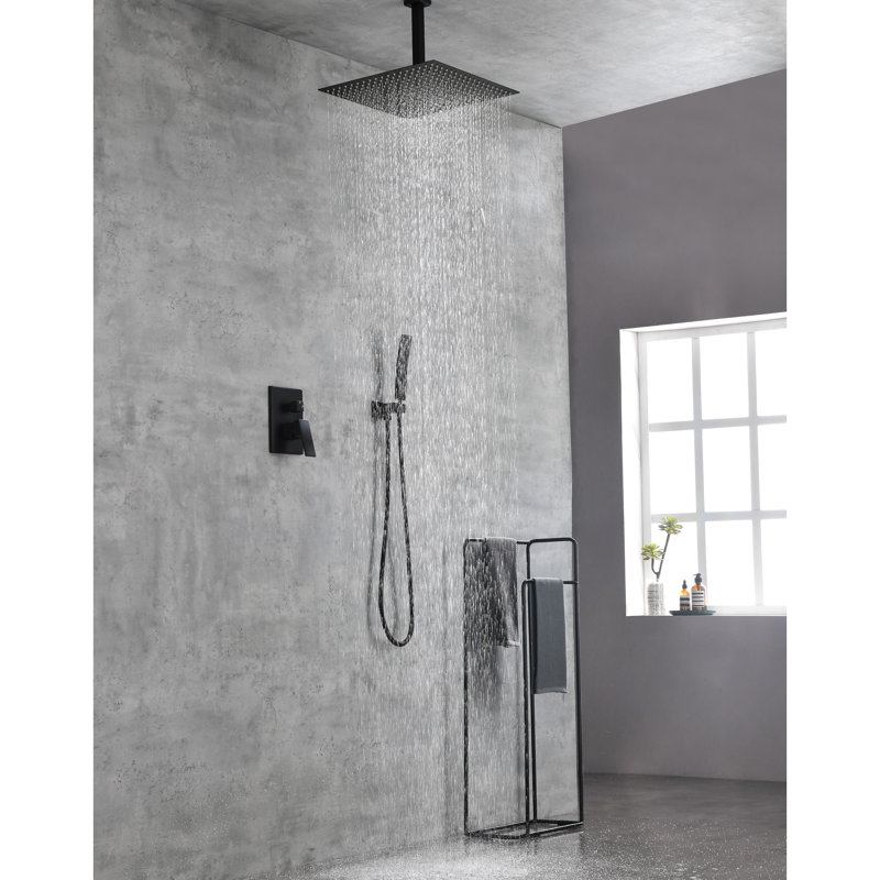 Ceiling Mounted Shower - Matte Black. 16" Head Made Of Brass. Enables Natural Rainfall Relaxation. Self-Cleaning Nozzle Keeps Water Outlet Unclogged. Matches American Standard Pipe. 15.19" X 6.29",