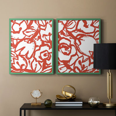 Red Brush Floral I-Premium Framed Print -Ready to Hang - No Nails Required - No Nails Required