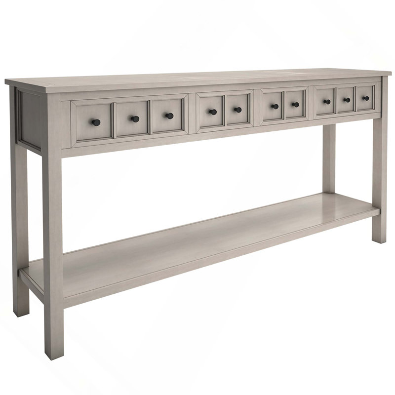 Longue console rustique avec tiroirs de différentes tailles et tablette inférieure pour le rangement, Gris délavé