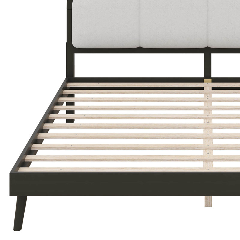 Lit plateforme avec tête de lit tapissier, lit plateforme en bois avec support en lattes de bois, Queen