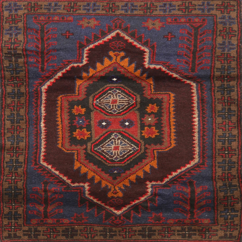 Tapis rouge/bleu traditionnel, Carré 8 pi