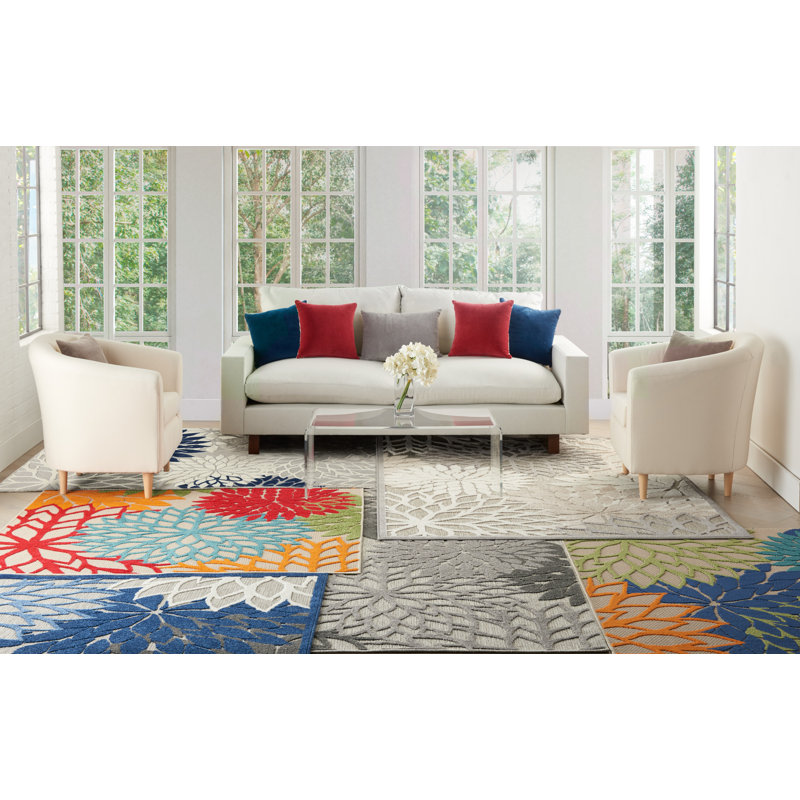 Tapis intérieur/extérieur Alsaedi floral vert/bleu/orange, Carré 5 pi 3 po