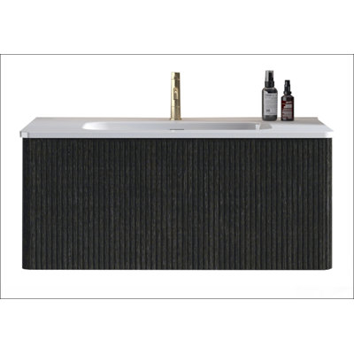 36" Striped Brushed Black Oak Floating Bathroom Vanity with White Ceramic Sink, Bathroom Vanity for Modern Bathroom, Pre-assembled