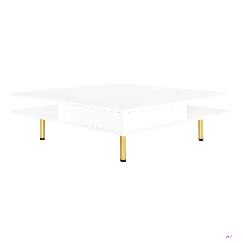 Table basse Exquise à haute brillance avec 4 pieds dorés et 2 petits tiroirs, Blanc
