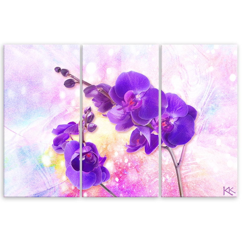 Purple Orchid Flower - 3 Piece No Frame Print on Canvas, 60cm H x 90cm W