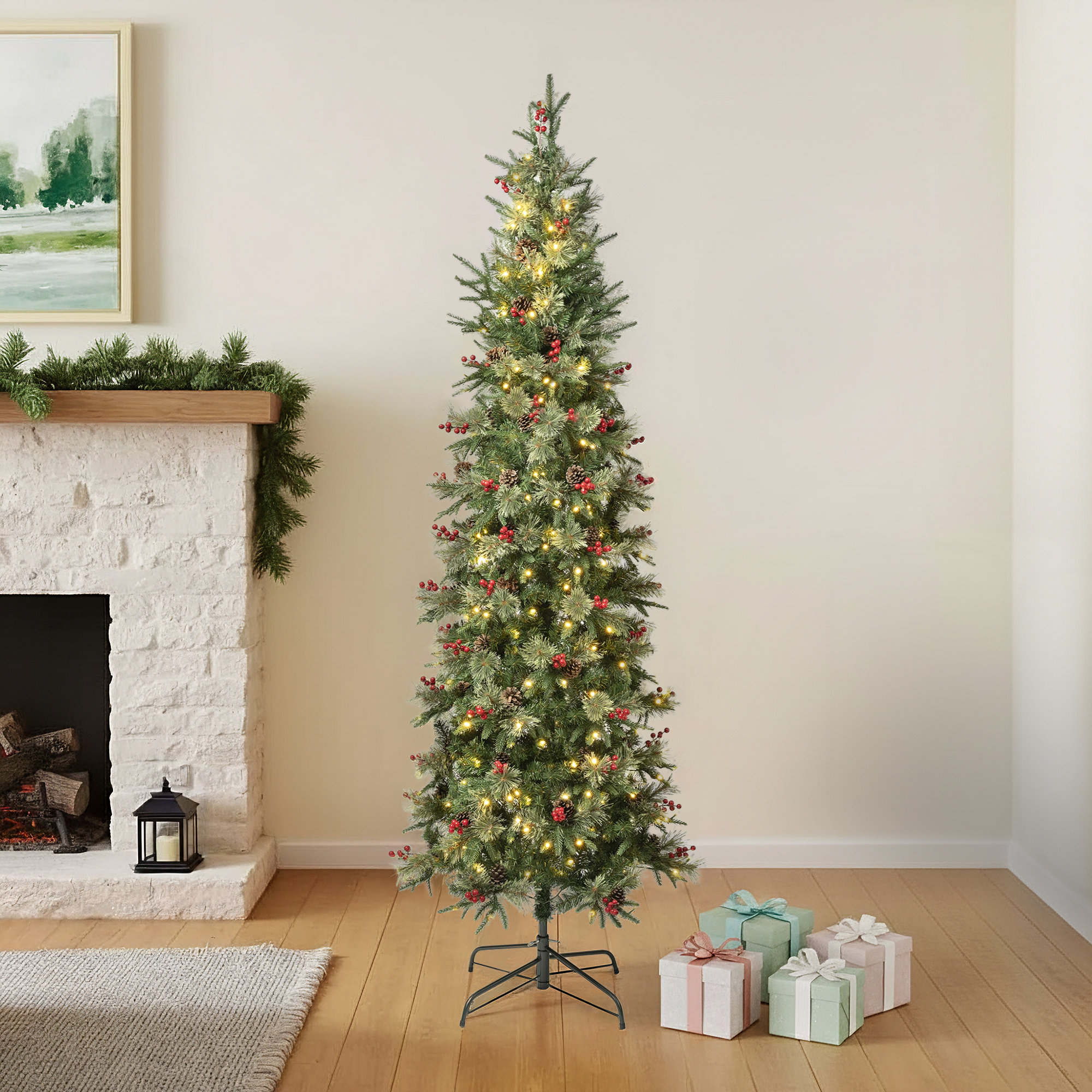 The Holiday Aisle® Virginia Pine Slim Tree with Red Berries and Pinecones, Warm White LED Lights, 7.5'