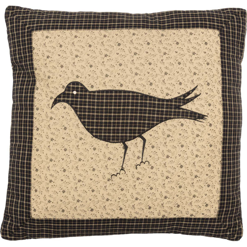 16" Black and Tan Embroidered Cotton Crow Pillow