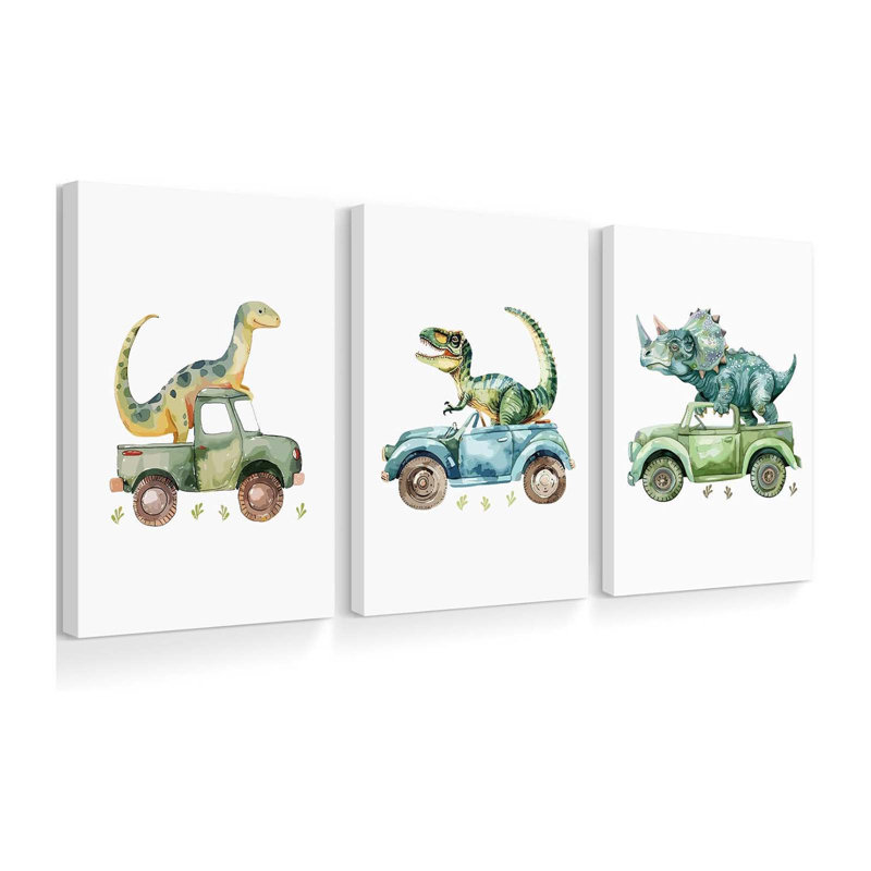 Dinosaur Nursery Wall Art Kids Canvas Poster Baby Nursery Wall Decor Dino Pictures Toddler Prints Cartoon Dino Car Painting Room Artwork For Bedroom Bathroom Ready To Hang