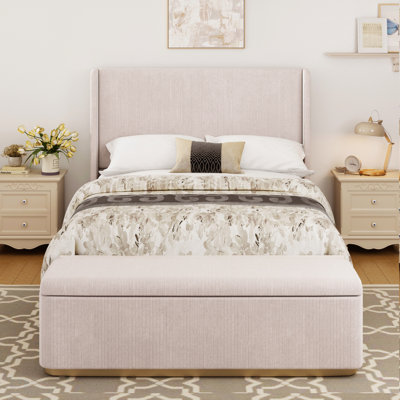 King Size Corduroy Upholstered Bed Frame With 130L Storage Ottoman, And Vertical Stripe Wingback Headboard And High Footboard, Bed Frame