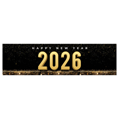 Happy New Year Banner 20xx, Black & Gold Confetti Glitter, Hanging Banner Sign With Glue Dots