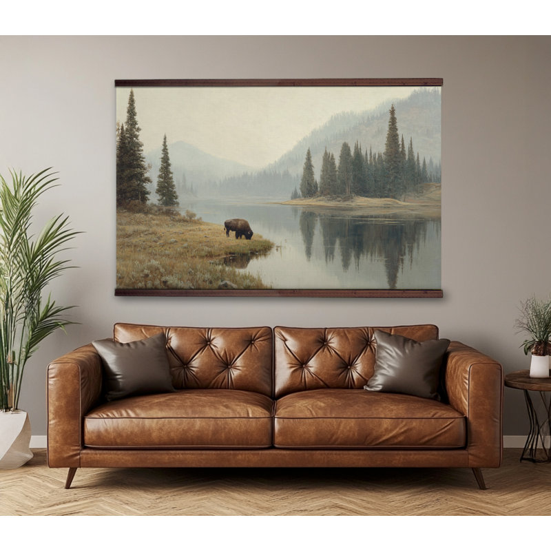 «Mountain Lake with Bison», art rustique sauvage, H 32 po x l 48 po