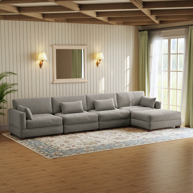 Canapé modulaire Maelina, H 30,7 po x l 161,4 po x P 68,1 po, Velours côtelé gris pâle