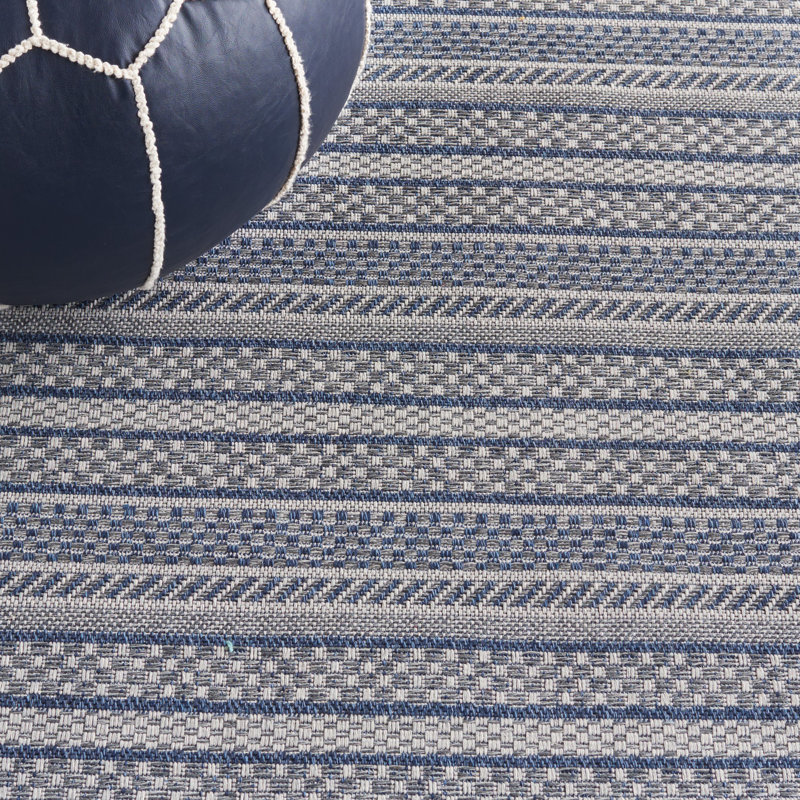 Navy and Light Grey Striped Wool Cotton 5' x 7' Rug