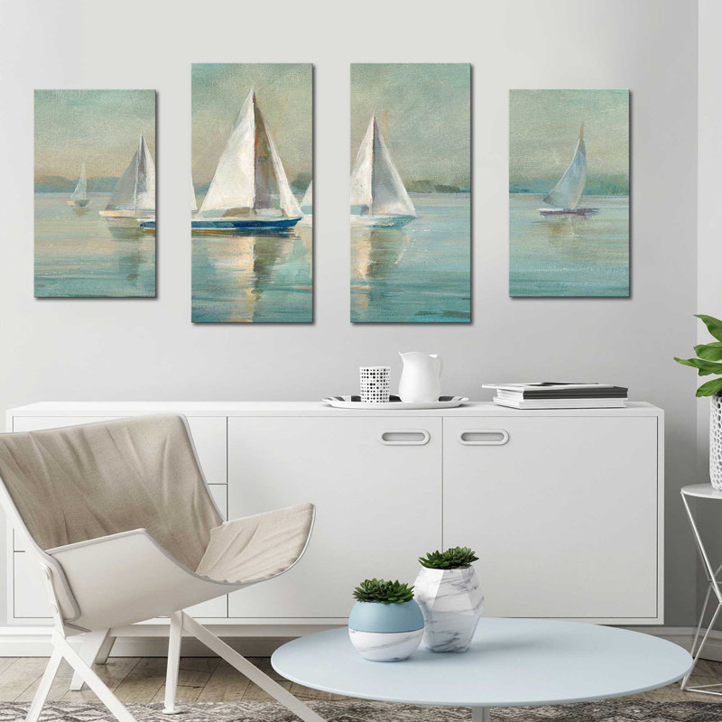 Voiliers au lever du soleil, 4 pièces par Danhui Nai, H 30 po x l 56 po x P 1 po