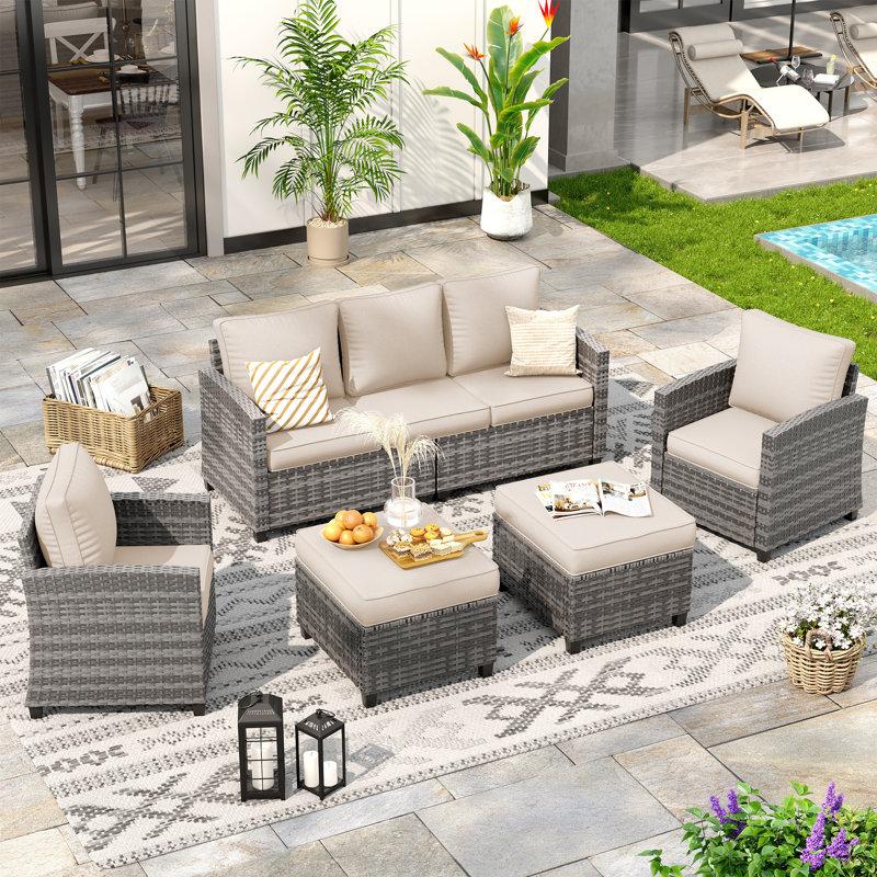 Ensemble de mobilier de patio 5 pièces, ensemble de conversation en osier avec canapé 3 places, 2 fauteuils et 2 repose-pieds, ensemble de sièges d'extérieur moderne pour patio, porche et cour arrière
