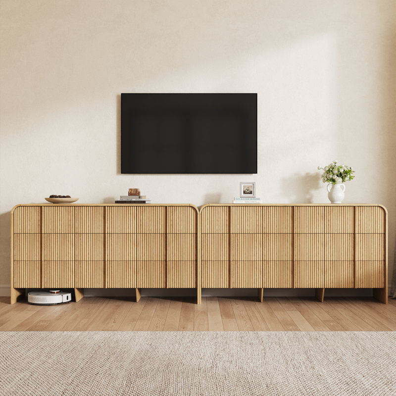 Commode à 9 tiroirs cannelée, l 60,2 po moderne avec bord courbé, brun, Brun
