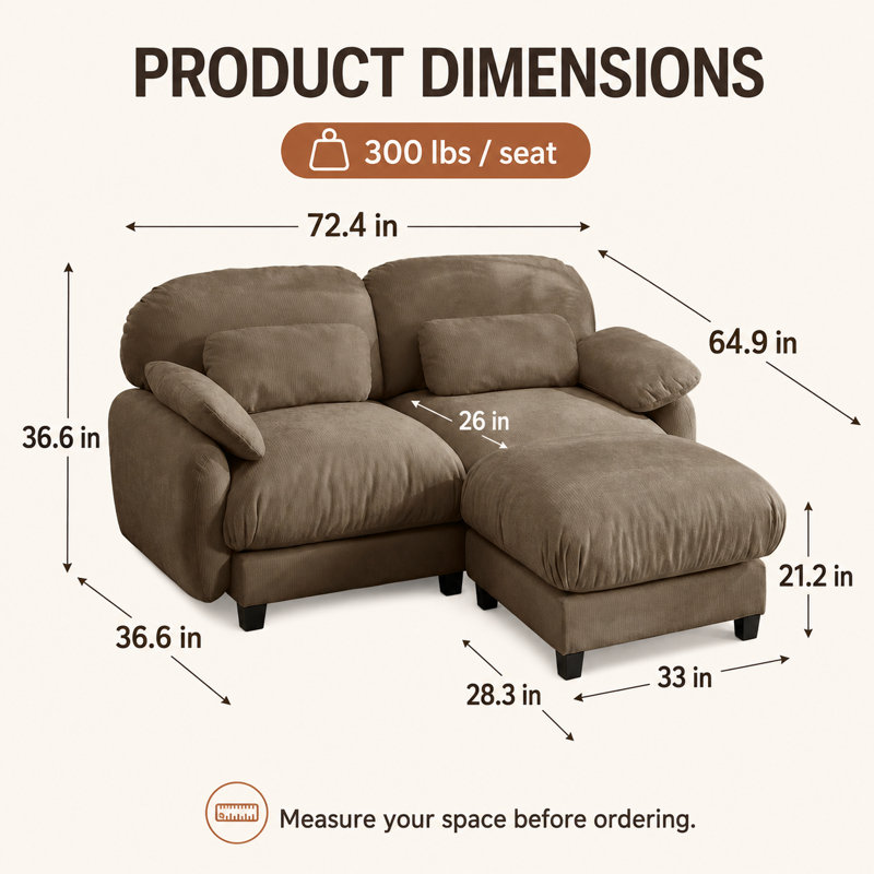 Causeuse modulaire en chenille 3 pièces avec repose-pieds mobile, sièges profonds, coussins lombaires et coussins à ressorts Gailey