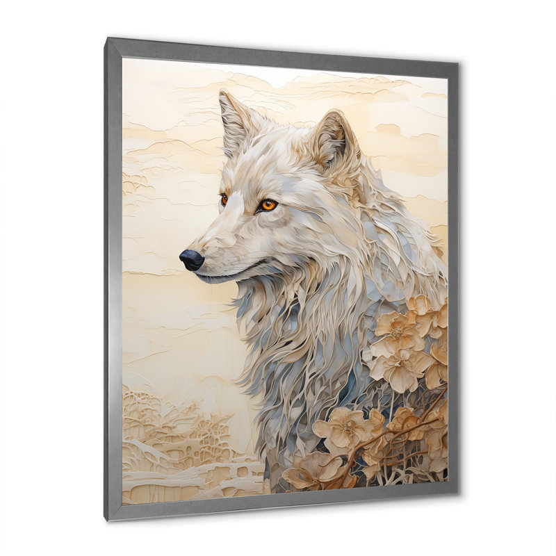 «Beige et or», bonheur des loups sur toile, Cadre simple argenté, H 20 po x l 12 po x P 1 po