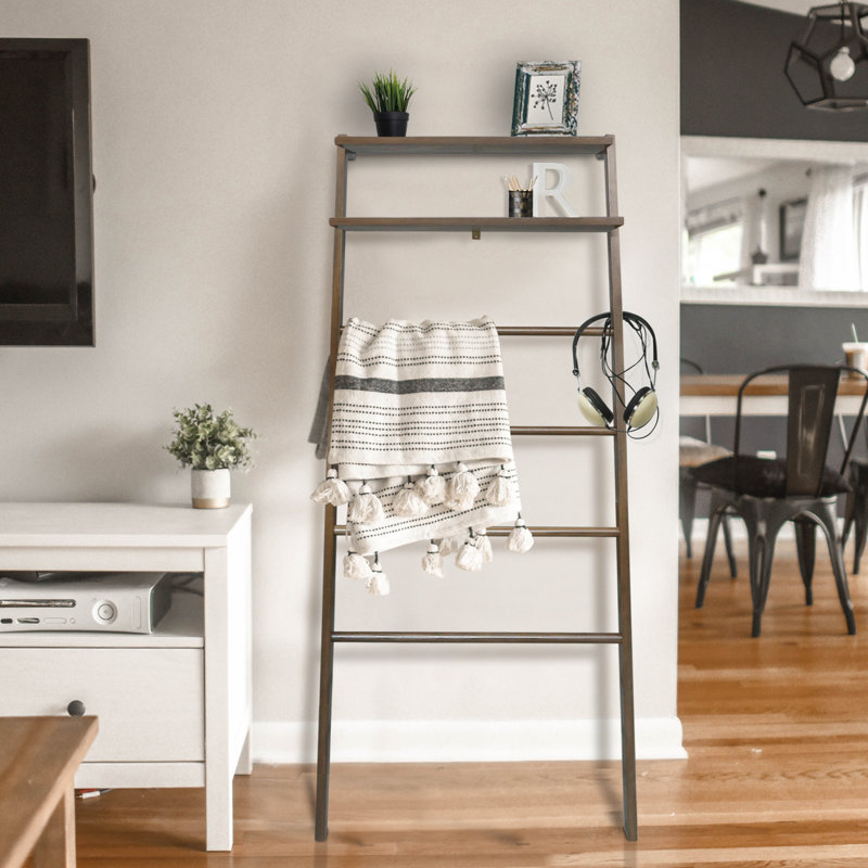 Échelle de couverture à 6 niveaux 100% bois massif avec deux tablettes de rangement, Noyer