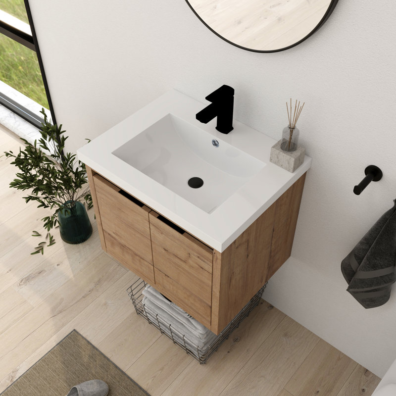 Zalet 24"Single Sink Wall Mounted Bathroom Vanity,Floating Vanity with 2 Doors,White Resin Basin Sink Top, Beige, 24"