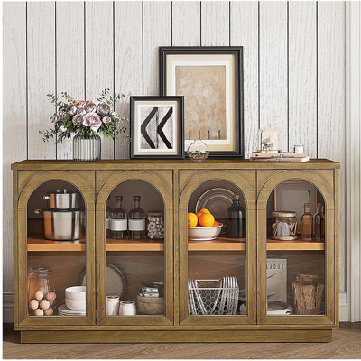 TREXM 4-door large storage side cabinet with glass door, arched shelf, with adjustable shelf, suitable for kitchen, dining room, and living room (old pine)