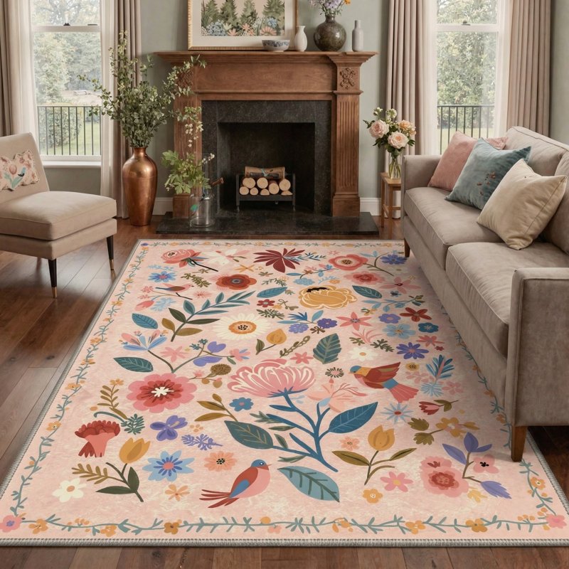 Aarna Aura Floral Machine Washable Pink Indoor Area Rug with Non-Slip Backing, Rectangle 5' x 7'