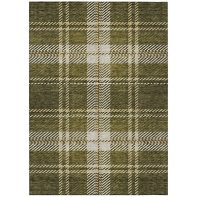 9' X 12' Olive Green Gold And Brown Plaid Washable Indoor Outdoor Area Rug