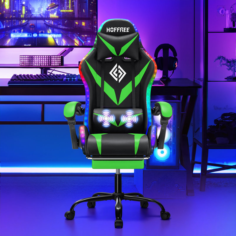 HOFFREE Fauteuil de jeu avec lumières DEL RVB et massage Fauteuil de jeu vidéo avec repose-pieds Fauteuil d'ordinateur inclinable ergonomique à haut dossier
