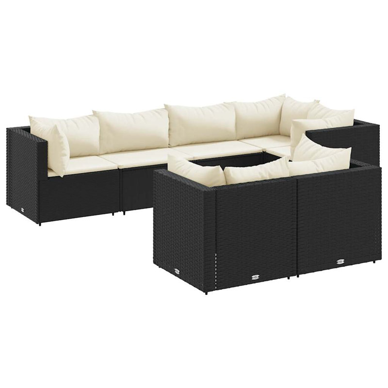  7 Piece Patio Lounge Set With Cushions Black Poly Rattan, Cream White, Black