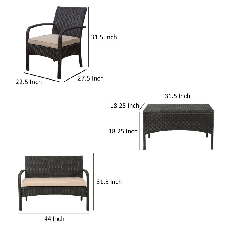 Ensemble de table d'extérieur 4 pièces Orry, 1 causeuse, 2 chaises d'appoint, Beige, Brun