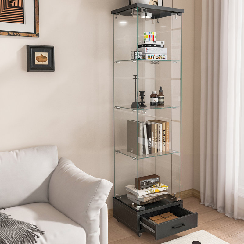 Vitrine moderne en verre avec lumières DEL et 4 tablettes, noir, Noir